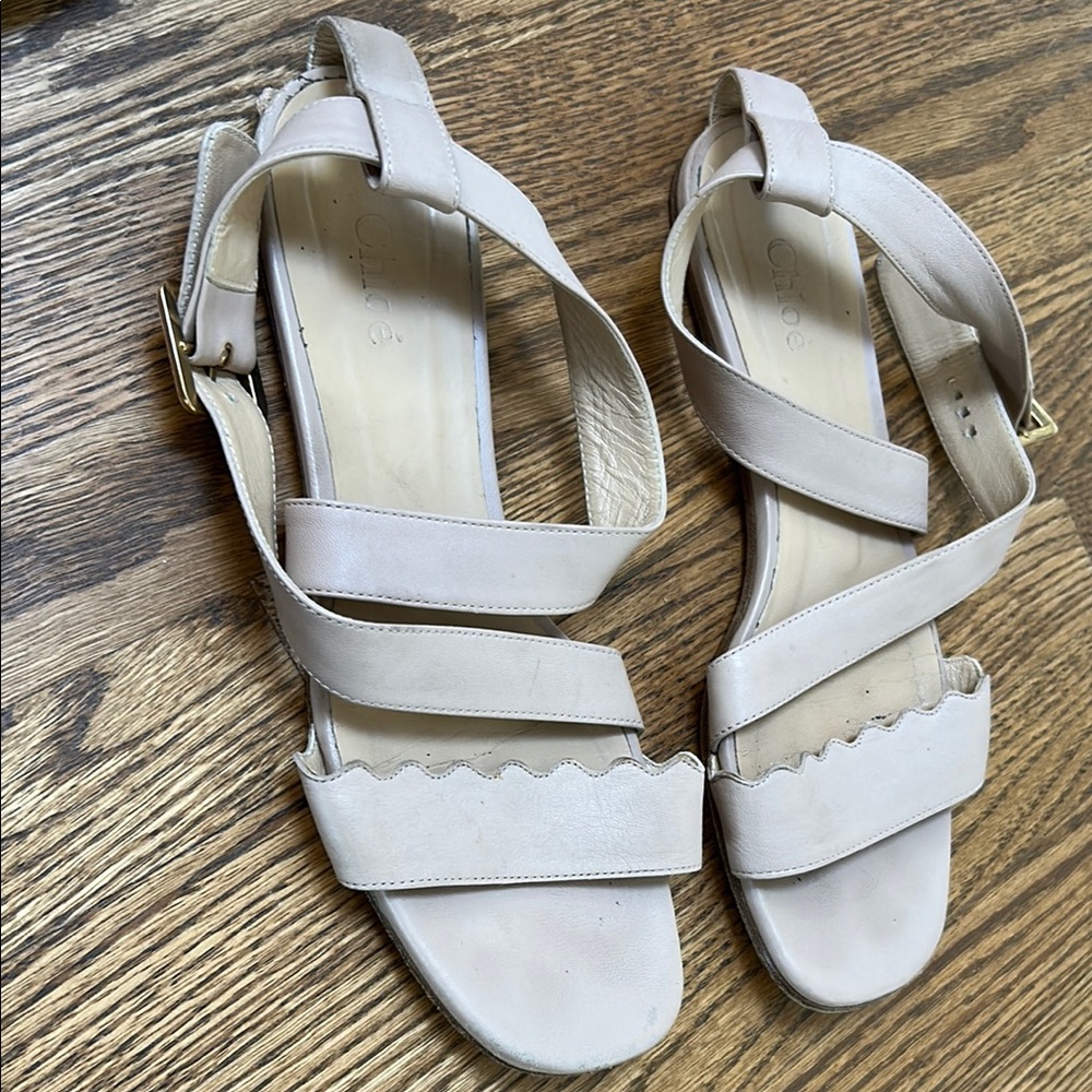 Chloe Light Pink/Nude Sandals with Scallop Detail and Ankle Straps